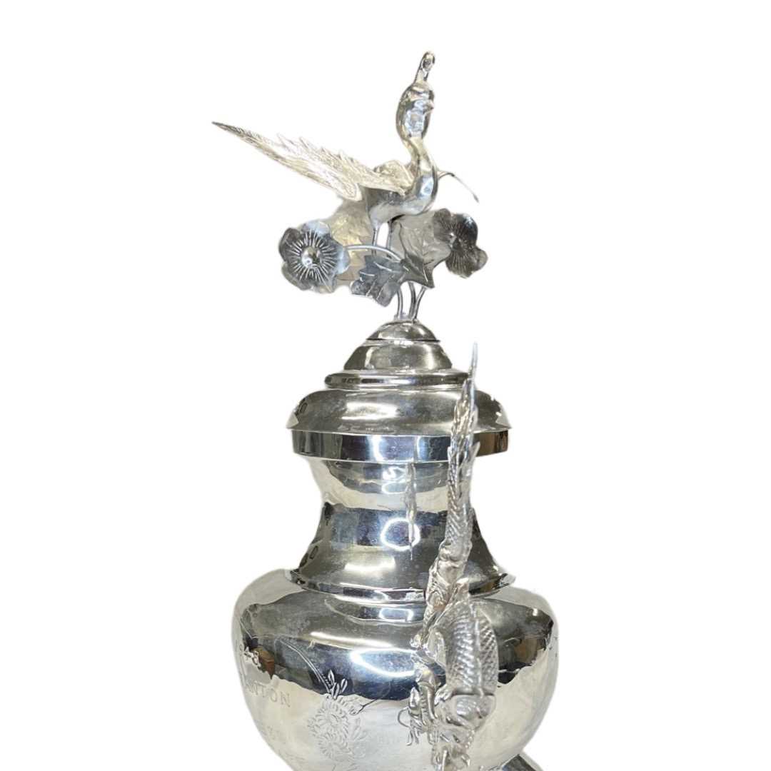 Large Chinese Silver Lidded Jar with Dragon Handles. 511 g. Unmarked. 1945 - Image 3 of 5