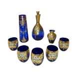 Murano Venetian Tre Fuochi decanter, 5 glasses and 2 vases