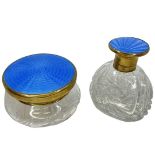 Pair of Brass Topped Guilloche Enamel Dressing Jars.