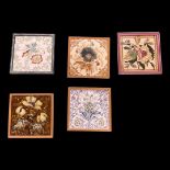5 Decorative Floral Glazed Tiles. Late 19th/Early 20th Century