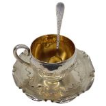 Italian Silver Arts and Crafts Silver Tea Cup, saucer and Spoon Set. 800 Grade Silver