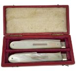 Cased William IV Mother of Pearl and Silver Fruit Knife and Fork. John Yeomans Cowlishaw, Sheffield