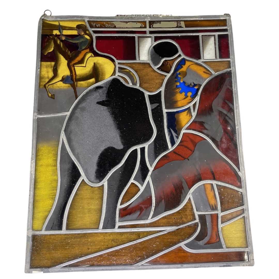 20th Century Stained Glass Panel of a Saxon Warrior and a Toreador - Image 2 of 2