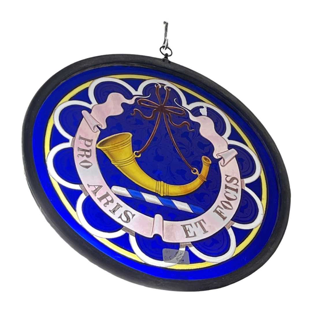 Good Quality Arts and Crafts, of Military Interest, Hanging Circular Stained Glass Panel
