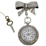 A late 19th century Swiss silver cased, open face, key wind, cylinder fob watch and bow brooch. Unsi
