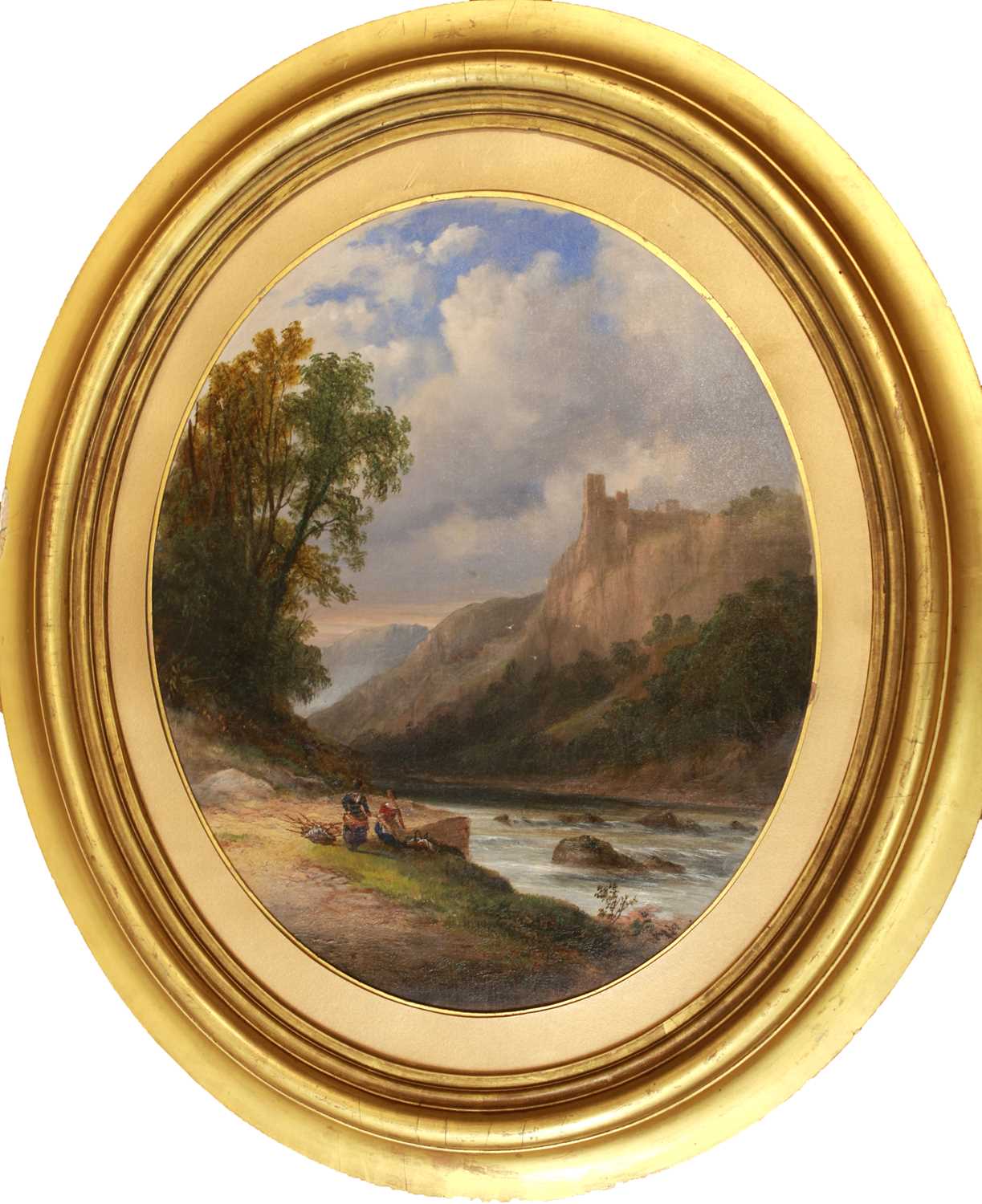 ENGLISH SCHOOL (19TH CENTURY) LADIES BY A RIVER WITH MOUNTAIN CASTLE - Image 2 of 2