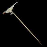 A Fine Edwardian Rose-Cut Diamond and Enamel Platinum and Gold Mounted Pheasant Stick Pin.