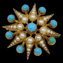 A Victorian Split Pearl and Turquoise Star Brooch.
