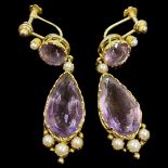 A Pair of Amethyst and Pearl drop Earrings