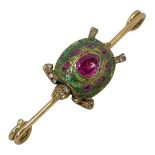 Victorian Ruby and Diamond and Green Enamel Tortoise Brooch