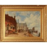 J BERLIN (CONTINENTAL, 19TH CENTURY) BUSY RIVERSIDE TOWN WITH FIGURES