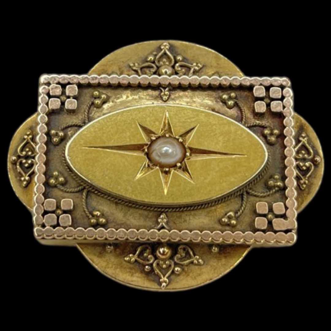 A Victorian Yellow Gold Split Pearl Etruscan Style Brooch.