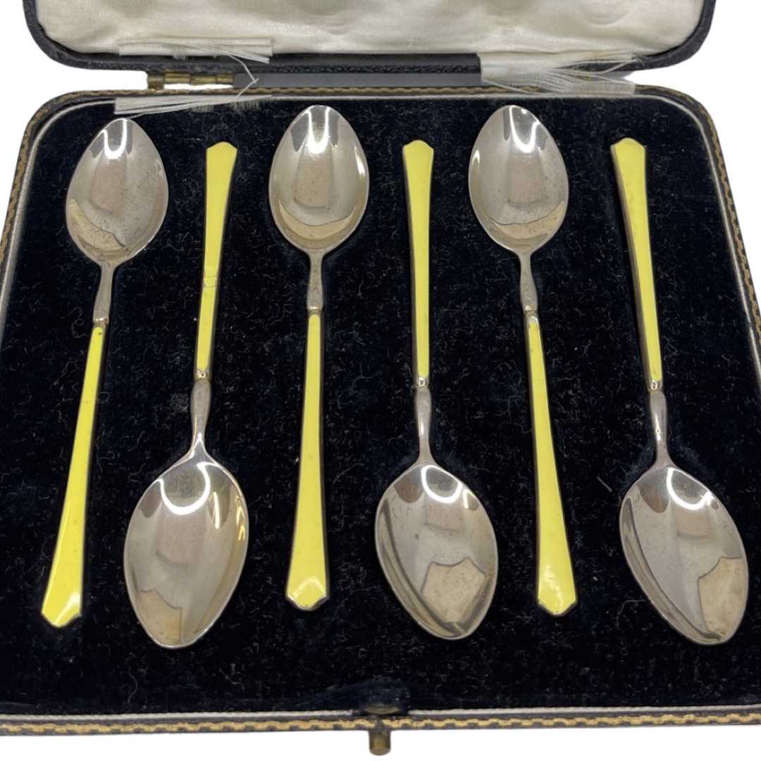 Cased Set of 6 Silver and Enamel Coffee Spoons, Birmingham 1960 Turner & Simpson Ltd