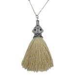 Sapphire, Diamond and Pearl tassle pendant in 18ct white gold