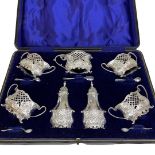 Cased Charles Horner 7 Piece Cruet Set. 241 g. Birmingham 1902.