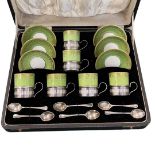 Cased Set of Silver Demi-Tasse Holders and Silver Spoons. 114 g. Chester 1930, S.Blanckensee