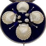 Cased Set of 4 Open Scallop Shell Salts. 64 g. Birmingham 1893. Joseph Whitten.