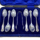 Cased Set of 6 Teaspoons and Tongs. 94 g. Sheffield 1905, James Deakin and Sons