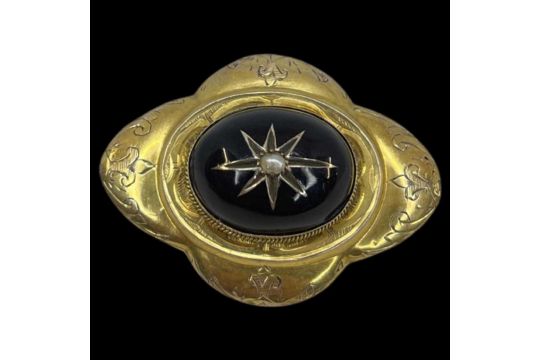 A Victorian Yellow Gold Black Enamel and Split Pearl Locket Quatrefoil Brooch. - Image 1 of 3