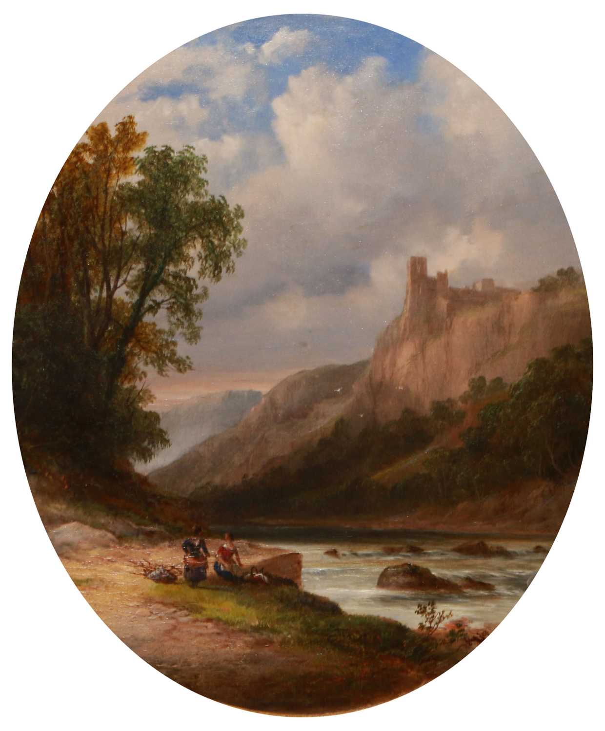 ENGLISH SCHOOL (19TH CENTURY) LADIES BY A RIVER WITH MOUNTAIN CASTLE