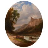 ENGLISH SCHOOL (19TH CENTURY) LADIES BY A RIVER WITH MOUNTAIN CASTLE