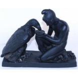 A black hand painted Royal Copenhagen Parian ware figure, 'Ganymede and the Eagle''