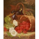 ELOISE HARRIET STANNARD (BRITISH, 1829-1915) RASPBERRIES AND PLUMS IN BASKETS ON A MARBLE LEDGE