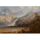ATTRIBUTED TO WILLIAM JAMES MULLER (BRITISH, 1812-1845) WELSH LANDSCAPE WITH SHEPHERD AND SHEEP