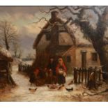 THOMAS SMYTHE (BRITISH, 1825-1906) FAMILY GROUP AND CHICKENS BEFORE A COTTAGE IN WINTER