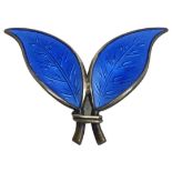 Silver Mounted 2 Leaf Blue Enamel Brooch. David Andersen, Norway