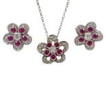 A Floral 18ct White Gold Ruby and Diamond Pendant and Earring set