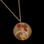 An Antique Gold Mounted Porcelain Pendant on Gilt Chain.