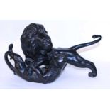 A Japanese bronze sculpture of a Lion attacking a Tiger