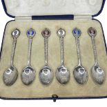 Cased Set of 6 Silver and Enamel King Edward VIII Coffee Spoons, Birmingham 1936 William Hair Hasele