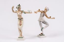 Zwei Porzellanfiguren. 20. Jh. Balenisischer Schwerttänzer und Bajadere-Tänzerin. Polychrom