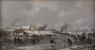 Stademann, Adolf. 1824-1895. München. Winterlandschaft mit Schlittschuhläufer am Kanal. Lin