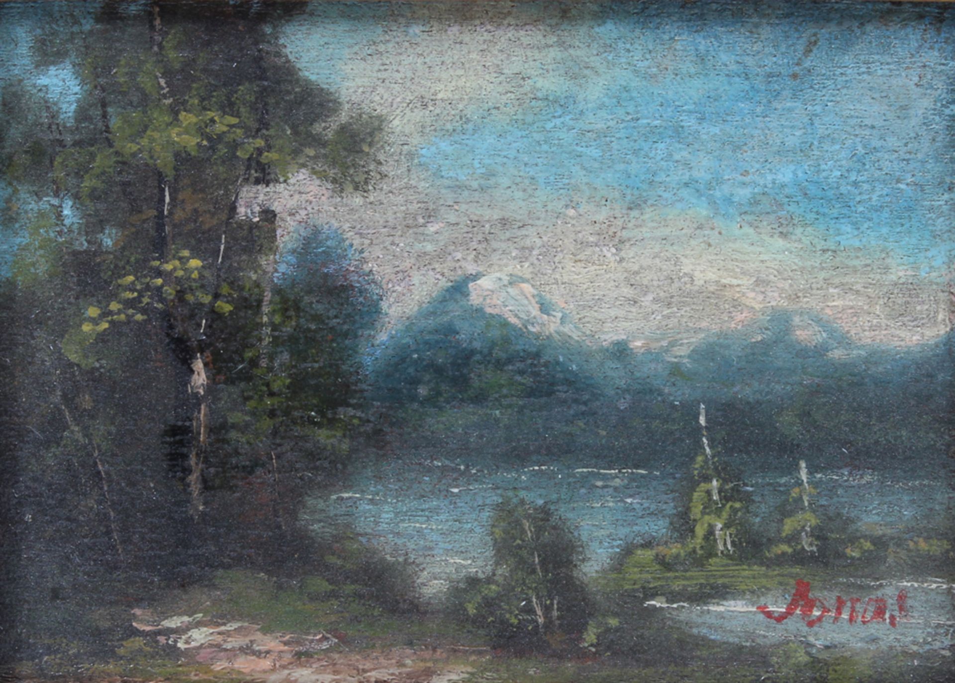 Unbekannt. 19. Jh. Gebirgslandschaft. Öl/Holz Rechts u. undeutlich sign. H: 10 x 14 cm. Rahm - Bild 2 aus 2