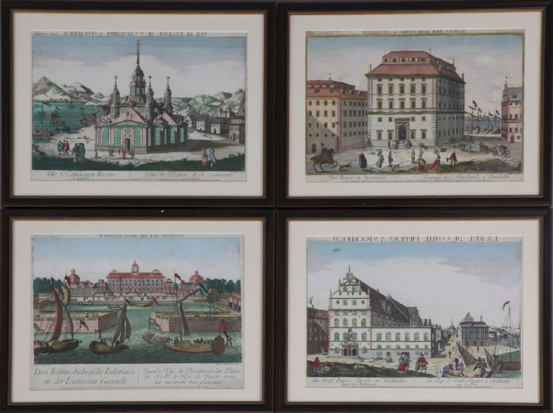 4 Guckkastenbilder des 18. Jahrhunderts ¨Stockholm¨aus ¨Collection des Prospects¨, u.a. colorierte