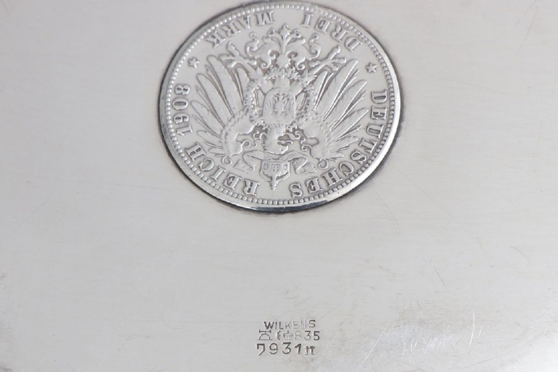 Silber Münzschale mit 3 ReichsmarkWilkens, Bremen, 2. Hälfte 20. Jahrhundert, ovale, gemuldete - Image 4 of 5
