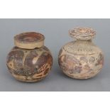 2 antike griechische Aryballosbauchige Salben-/Ölgefäße mit eingezogenem Hals und weit ausgestelltem