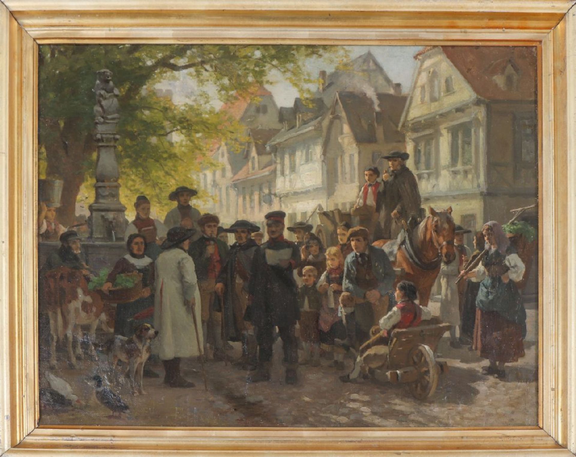 UNBEKANNTER KÜNSTLER des 19. JahrhundertsÖl auf Leinwand (doubliert), ¨Vielfigurige Marktszene mit