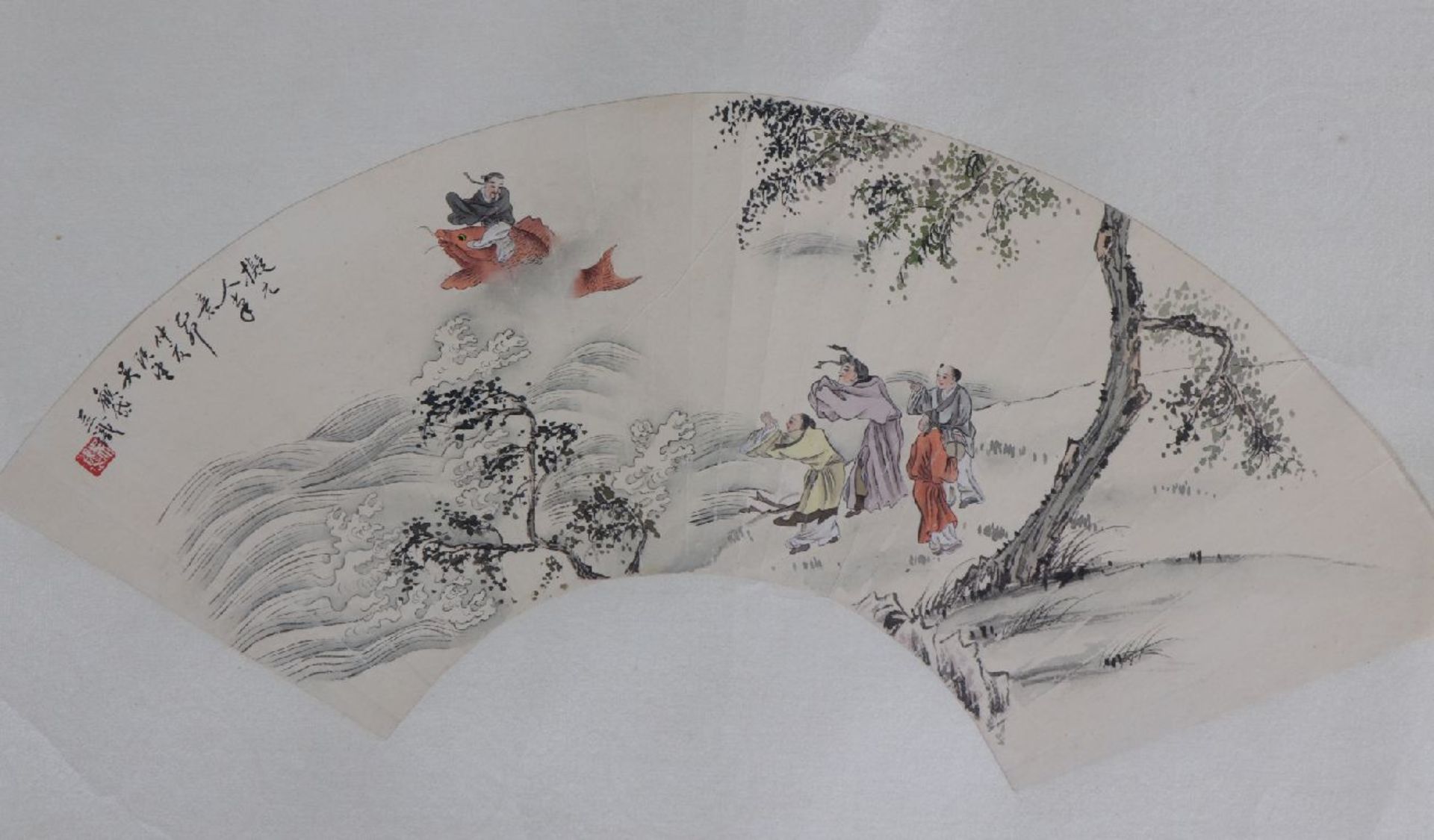 2 chinesische FächerentwürfeTusche auf Papier, 1x mythologische Szene ¨Asiate auf Fisch reitend¨, - Bild 5 aus 6