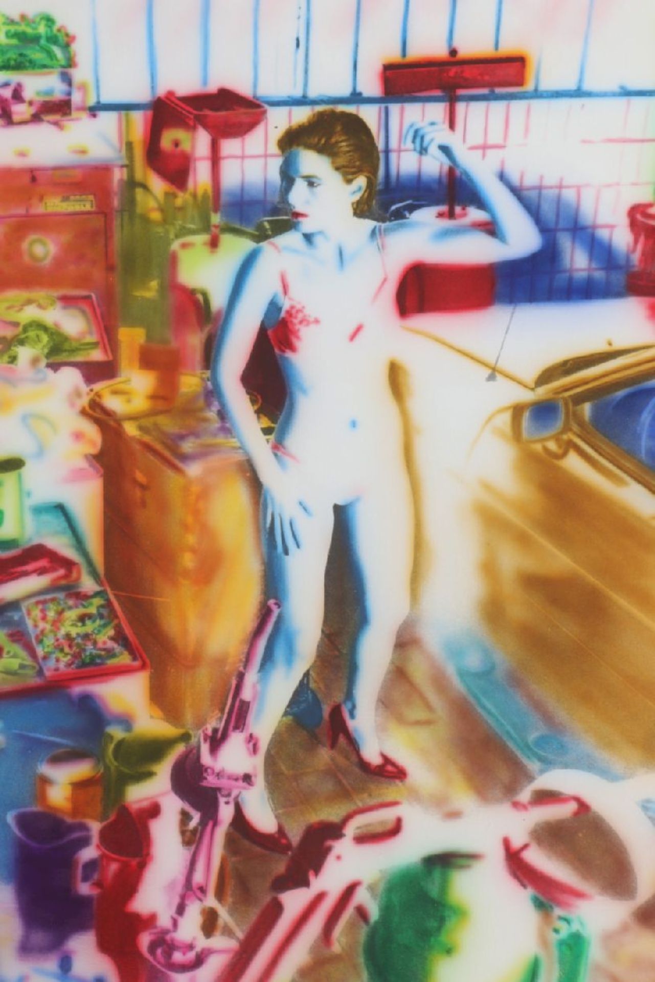 PETER MALTZ (1973 London)handkolorierte Grafik, ¨In Autowerkstatt stehende Frau in rosa - Bild 3 aus 3