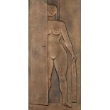 Bronze-Reliefplatte ¨Weiblicher Akt mit Tuch hinter Tür stehend¨