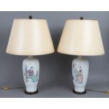 Paar Tischlampen mit Füßen in Form von chinesischen Vasengefäßen mit Fencai-Malerei