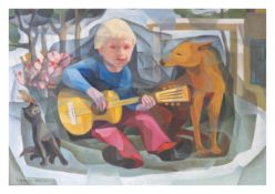 Junge mit Gitarre, Katze und Hund