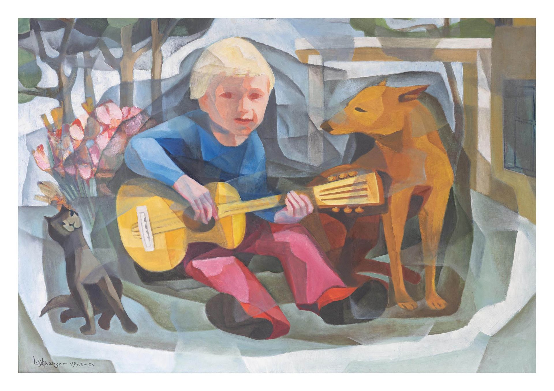 Junge mit Gitarre, Katze und Hund