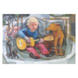 Junge mit Gitarre, Katze und Hund