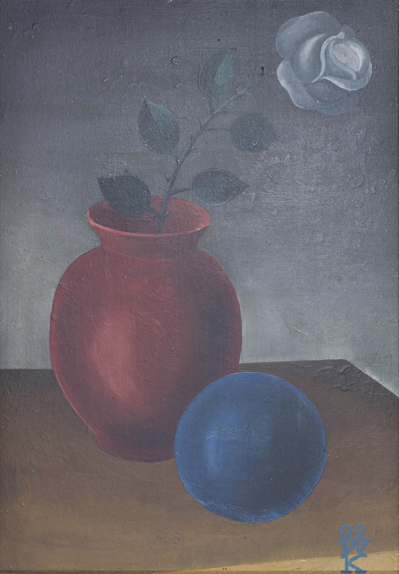 Stilleben mit Vase, Kugel und Rose