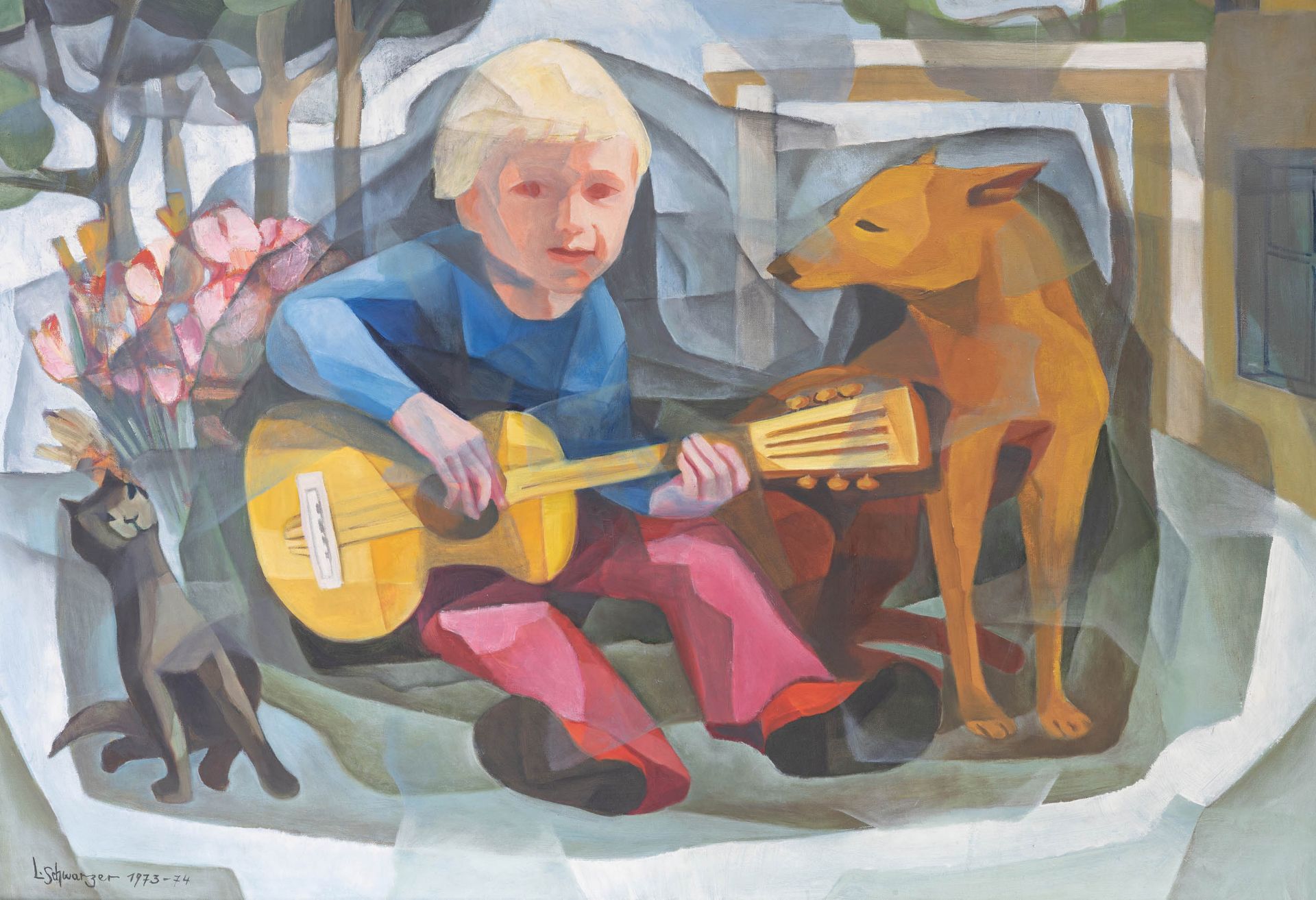 Junge mit Gitarre, Katze und Hund